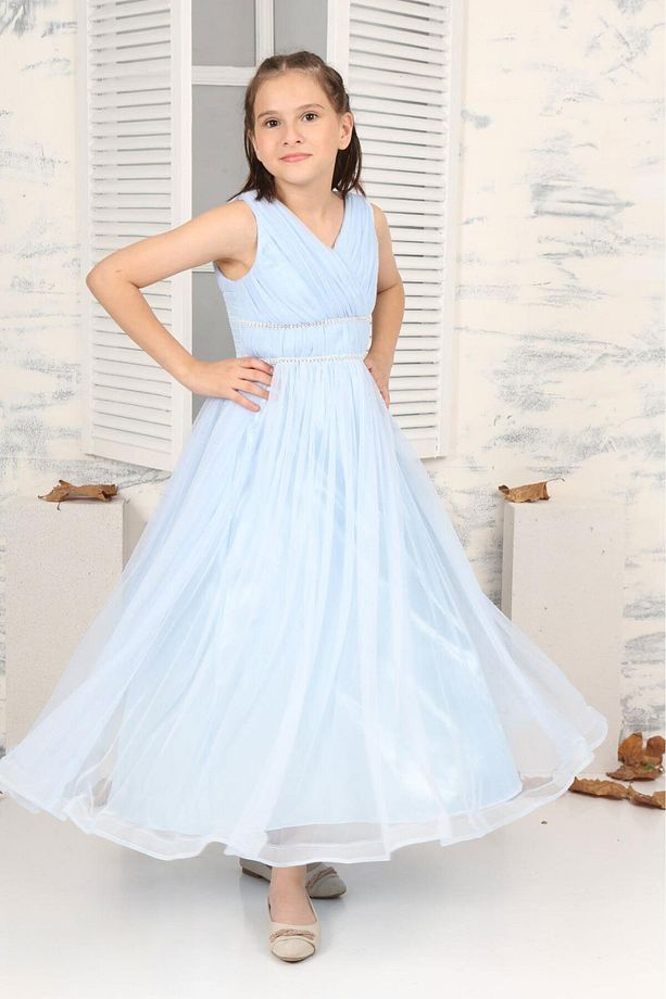 Çocuk Sade Model Açık Mavi Uzun Abiye Elbise - 1