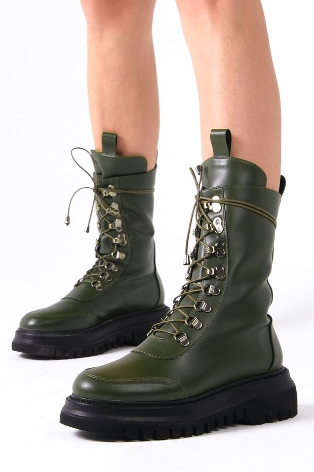 Green Color Leather Fur Lined Women's Boots