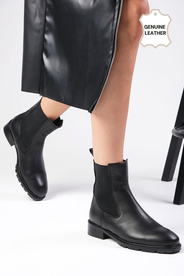 Arlo Genuine Leather Oval Toe Black Color Women's Elastic Flat Boots