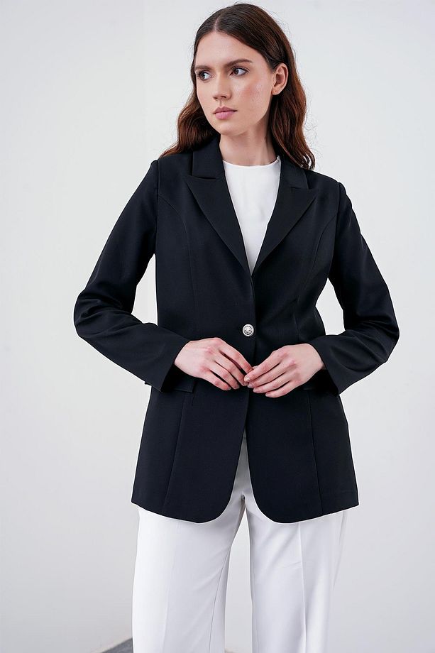 Kruvaze Yaka Tek Düğmeli Siyah Blazer Ceket C-0070 - 1