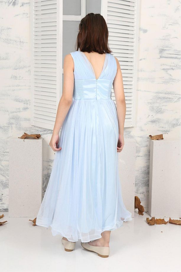 Çocuk Sade Model Açık Mavi Uzun Abiye Elbise - 4