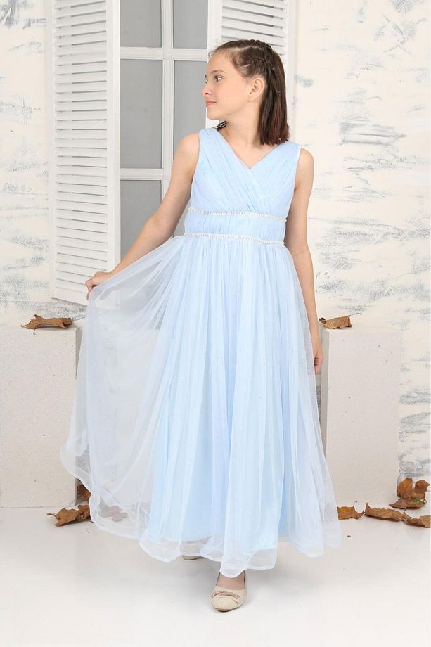 Çocuk Sade Model Açık Mavi Uzun Abiye Elbise - 8