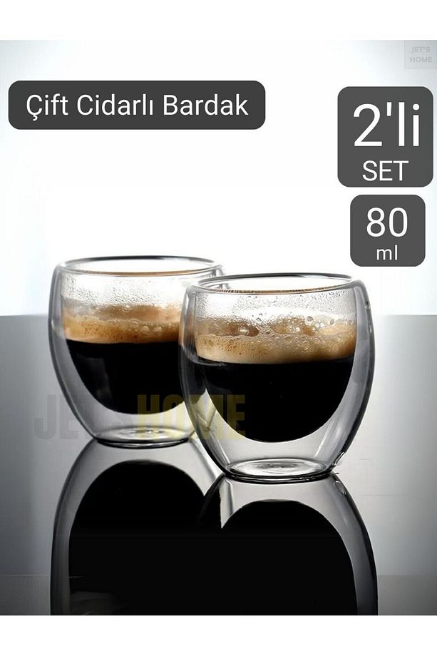 2’li Set Espresso Bardağı  80 ml Kahve Bardağı Çift Cidarlı Bardak Viski Bardağı - 1