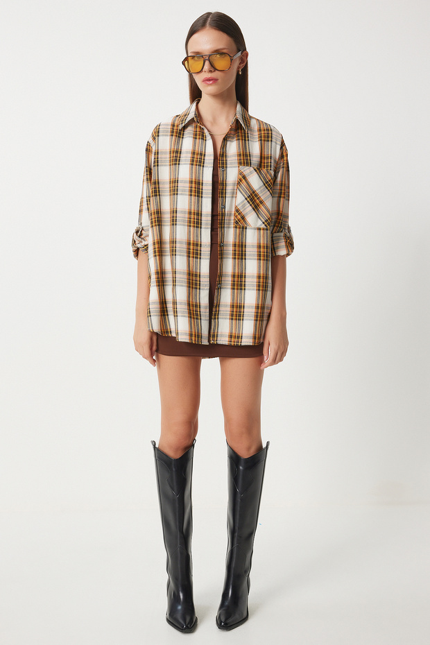 Kareli Oversize Dokuma Gömlek EKRU SARI LXR0004 - 4