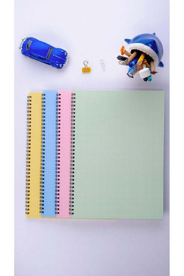 A4 Spiralli Okul Defteri 50 Yaprak 100 Sayfa 4'lü Set - Kareli Defter - Renkli Defter - 8