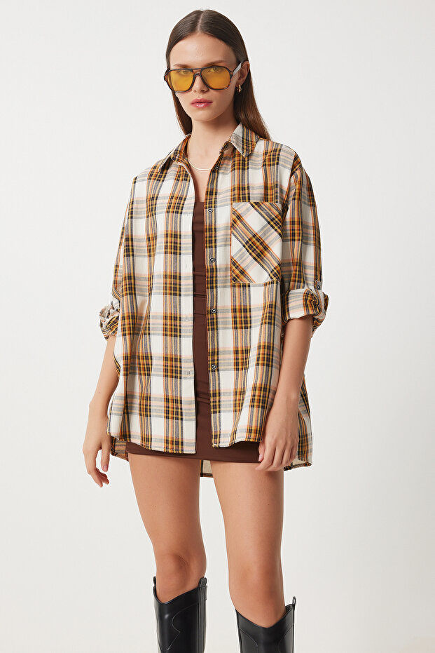 Kareli Oversize Dokuma Gömlek EKRU SARI LXR0004 - 3