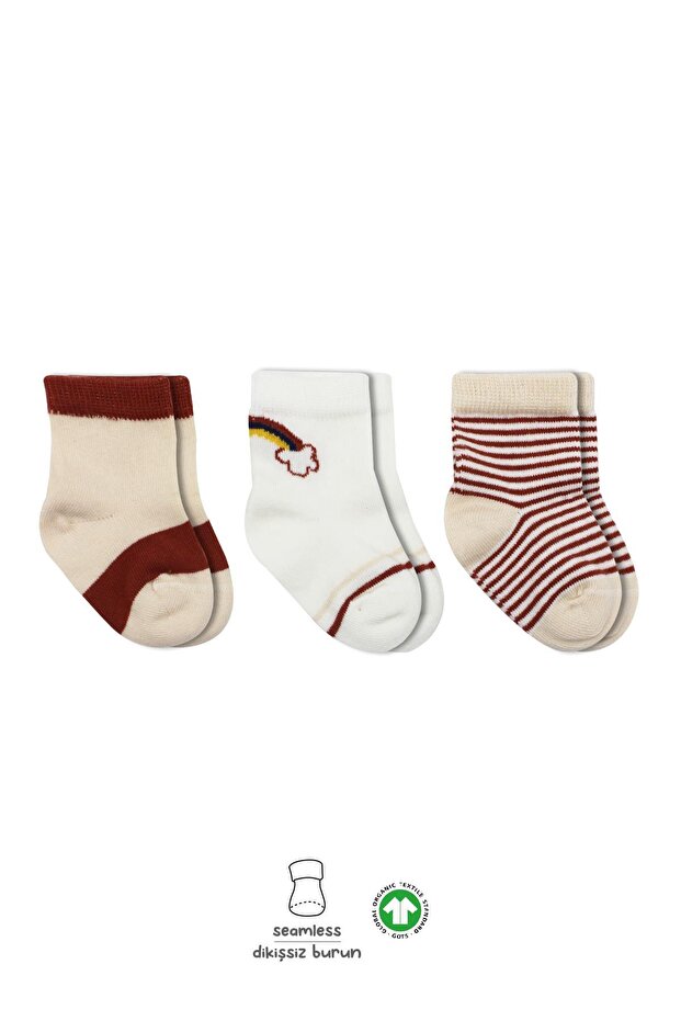 Organic Seamless 3-Piece Rainbow Combed Cotton Socket Baby Socks 0-3 Months