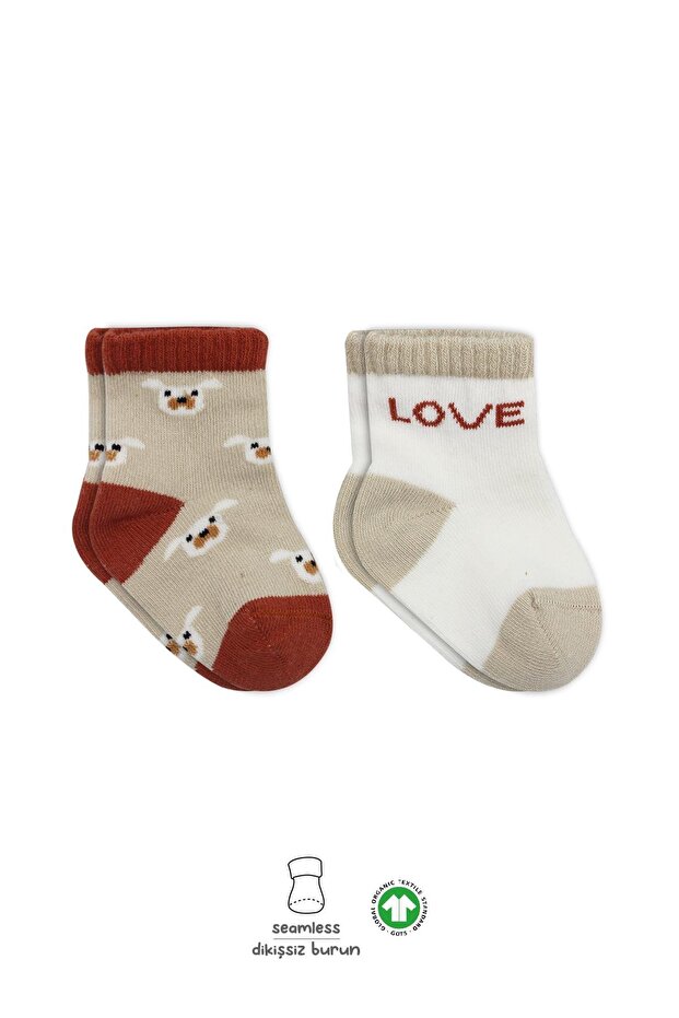 Organic Baby Kids Seamless 2-Piece Love Dog Combed Cotton Socks