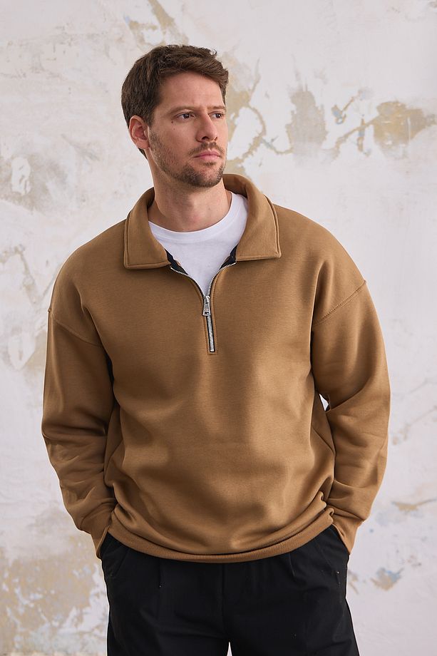 Erkek Yarım Fermuar Regular Fit Sweatshirt KARAMEL - 4