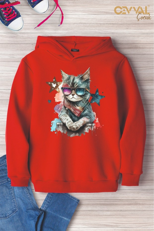 Cat Printed Hooded Oversize Children's Sweat Shirt