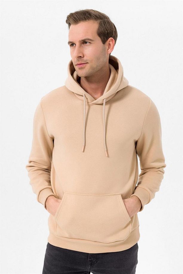 Süvari Kapüşonlu Yaka Regular Kalıp Düz Bej Sweatshirt - 1