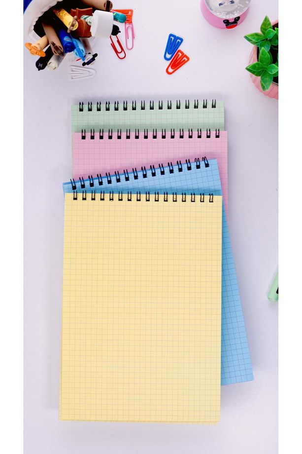 A5 Spiralli Okul Defteri 50 Yaprak 100 Sayfa 4'lü Set Kareli Defter Bloknot Defter Renkli Defter - 8