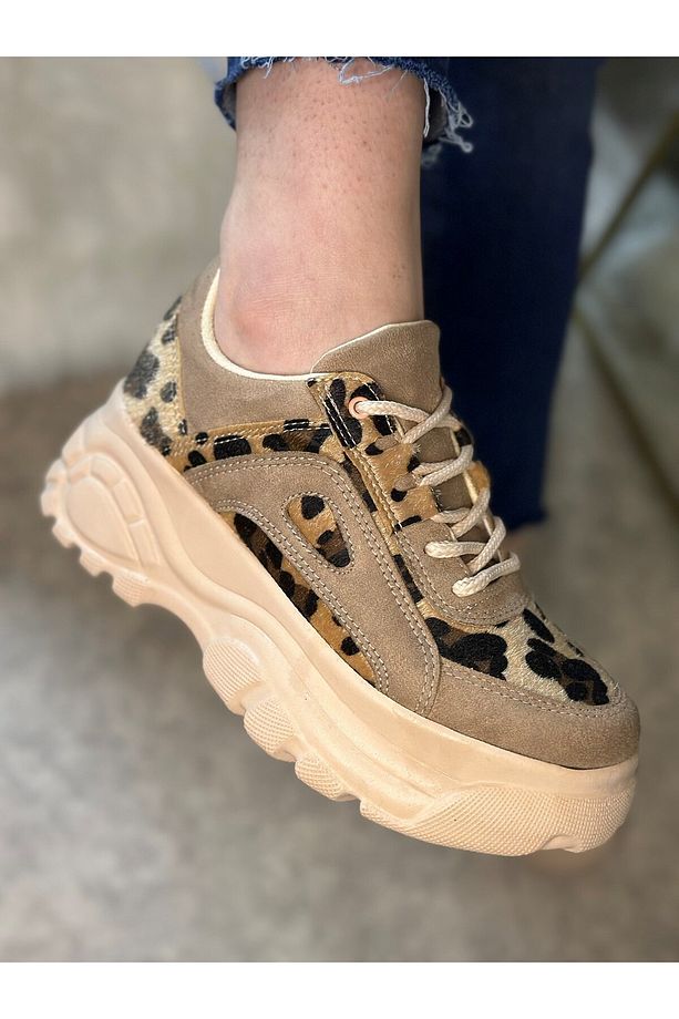 Günlük Kadın Bej Leopar Spor Ayakkabı Bağcıklı Kalın Hafif Yüksek Taban Sneaker 001 - 5