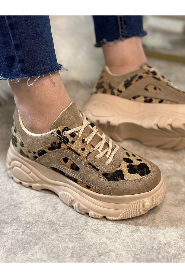 Günlük Kadın Bej Leopar Spor Ayakkabı Bağcıklı Kalın Hafif Yüksek Taban Sneaker 001 - 7