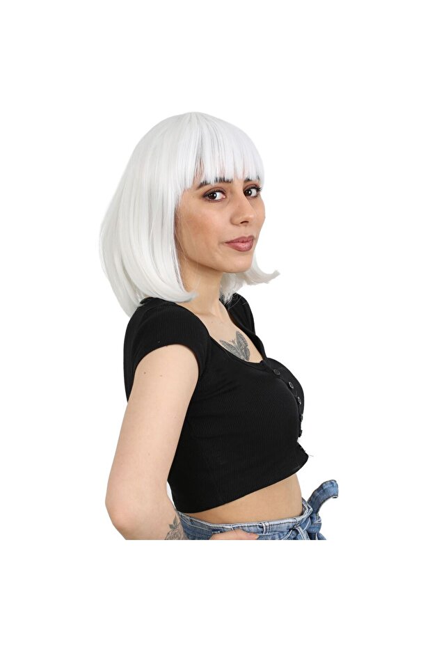 شعر مستعار من الألياف مع غرة مفرودة / أبيض - 2