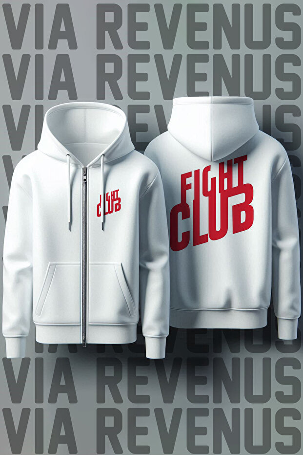 Fight Club Front and Back Printed Unisex Zippered Hooded White Sweatshirt Cardigan