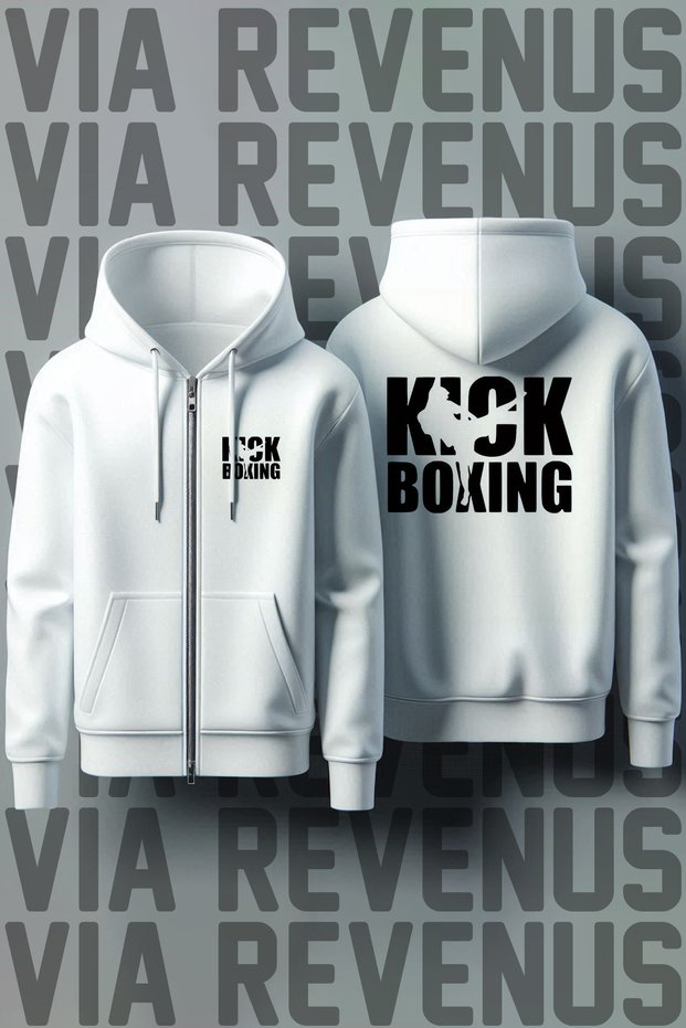 Kick Boxing Front and Back Printed Unisex Zippered Hooded White Sweatshirt Cardigan