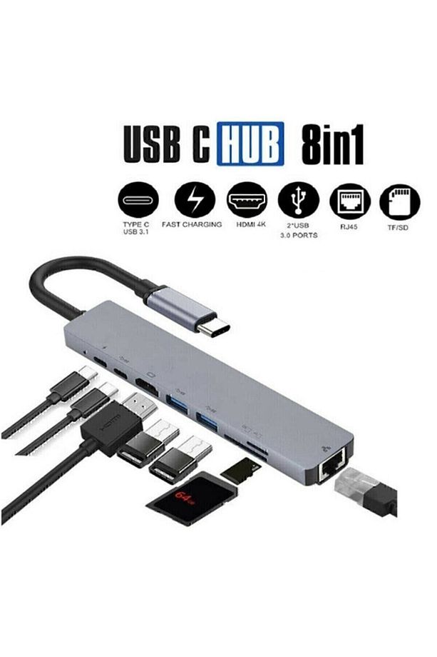 Macbook Pro Huawei Dell Uyumlu Type C To 4k Hdmı+usb3.0+sd/tf+pd+type-c, Taşınabilir 7in1 Adaptör - 1