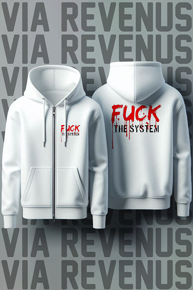 F*Ck the System Front and Back Printed Unisex Zippered Hooded White Sweatshirt Cardigan