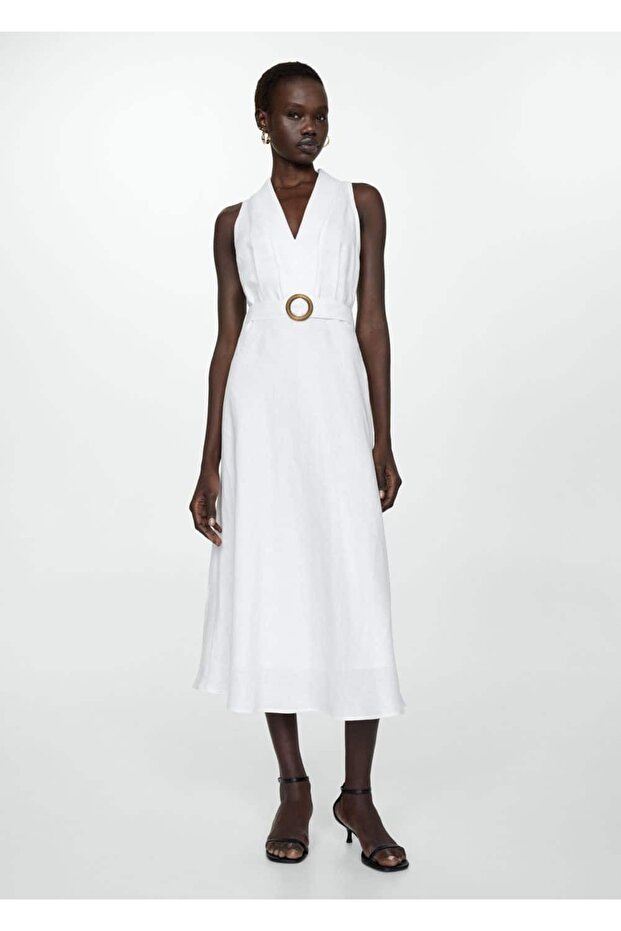 Kemerli keten elbise - 2