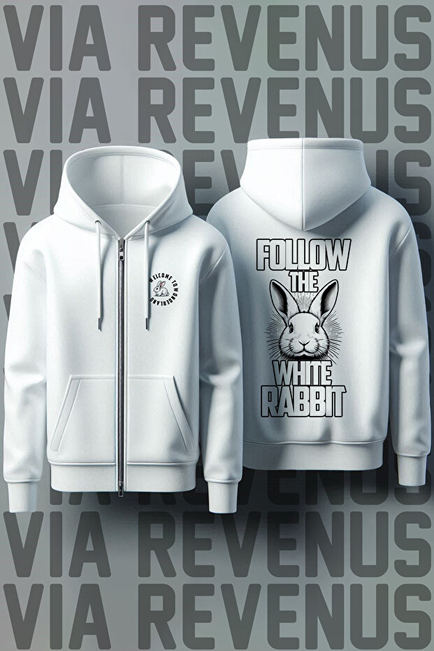Follow Your White Rabbit Front and Back Printed Unisex Zippered Hooded White Sweatshirt Cardigan