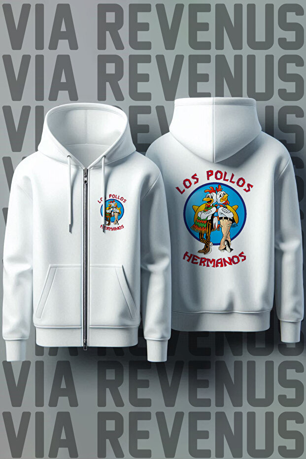 Los Pollos Front and Back Printed Unisex Zippered Hooded White Sweatshirt Cardigan