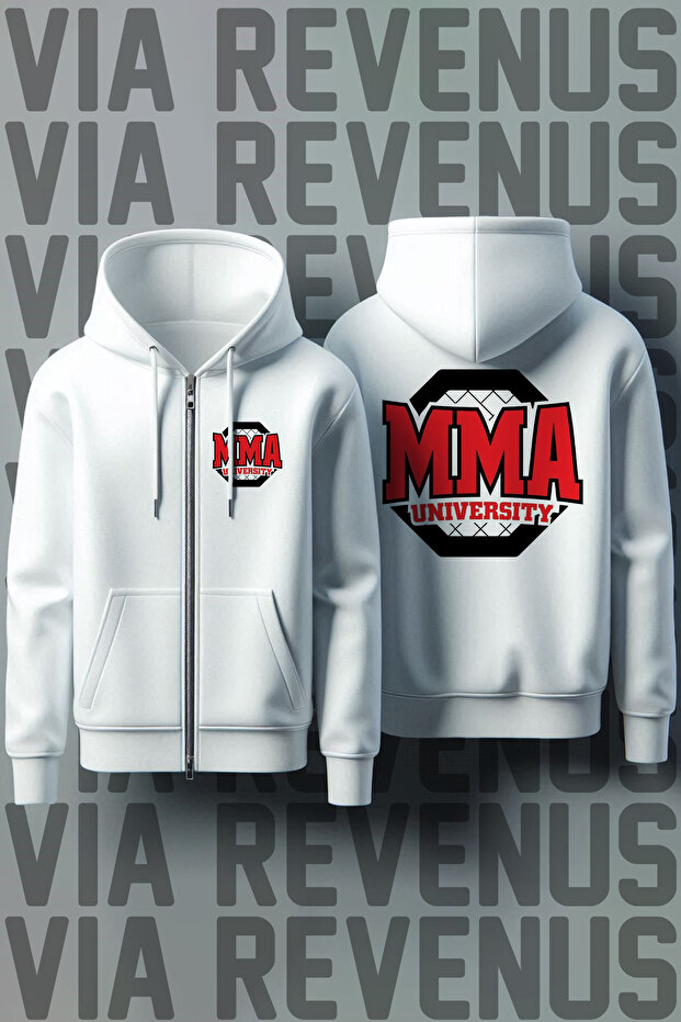 Mma University Front and Back Printed Unisex Zipper Hooded White Sweatshirt Cardigan