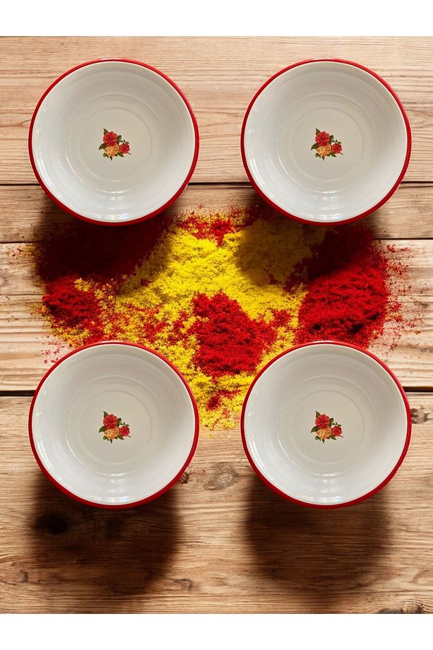 4 Adet 24 Cm Emaye Kase Tabak, Çukur Tabak, Çorba Tabak, Retro, Derin Tabak, Çorba Kase, Çiçek Desen - 1