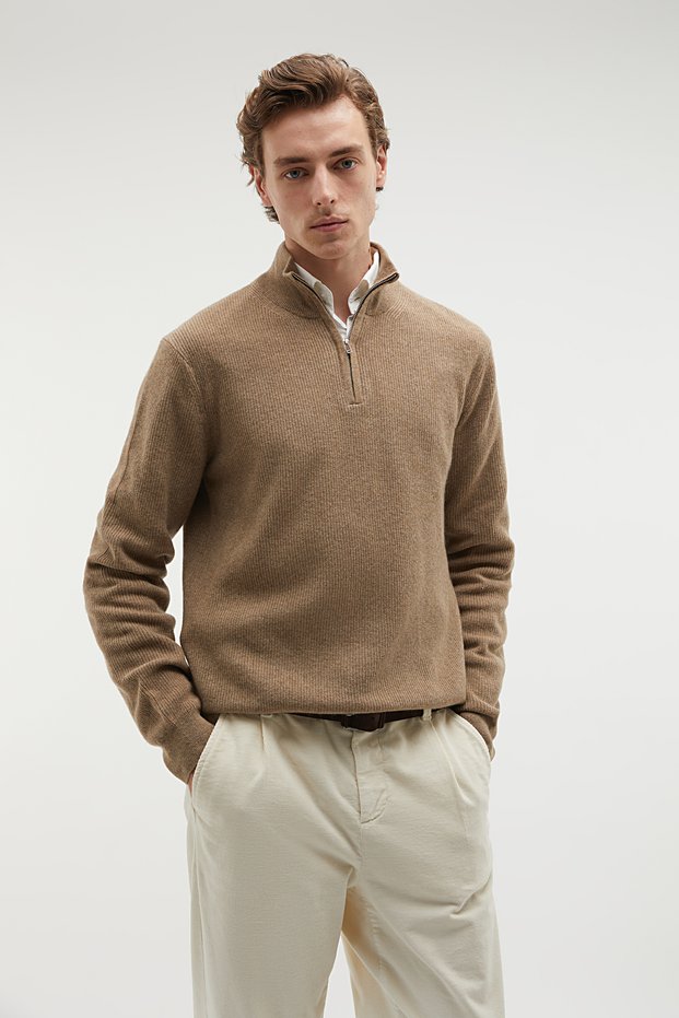 Men's Beige Color Zippered High Collar Wool Blend Sweater