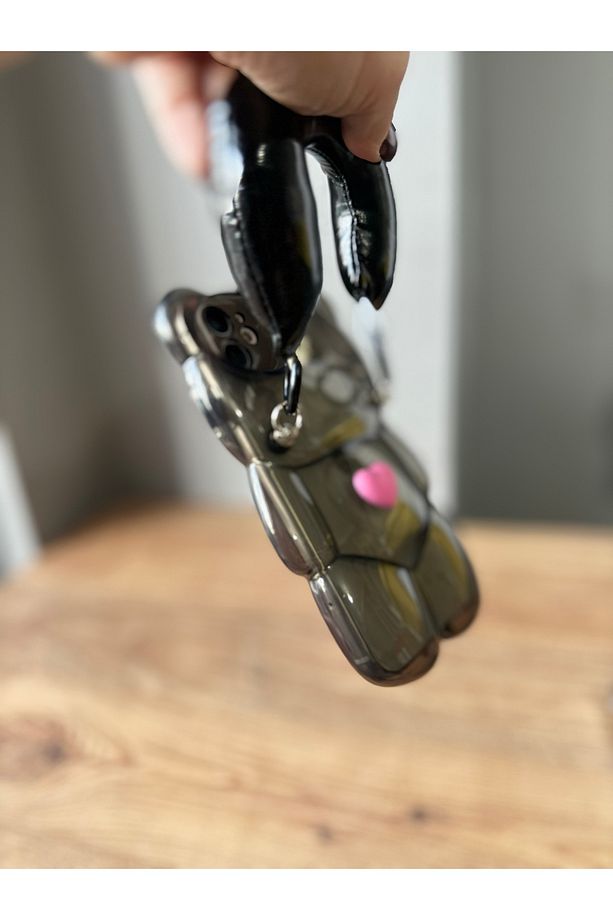 IPHONE 11 SİYAH AYICIK ŞEKİLLİ TUTMA AKSESUARLI KILIF - 4
