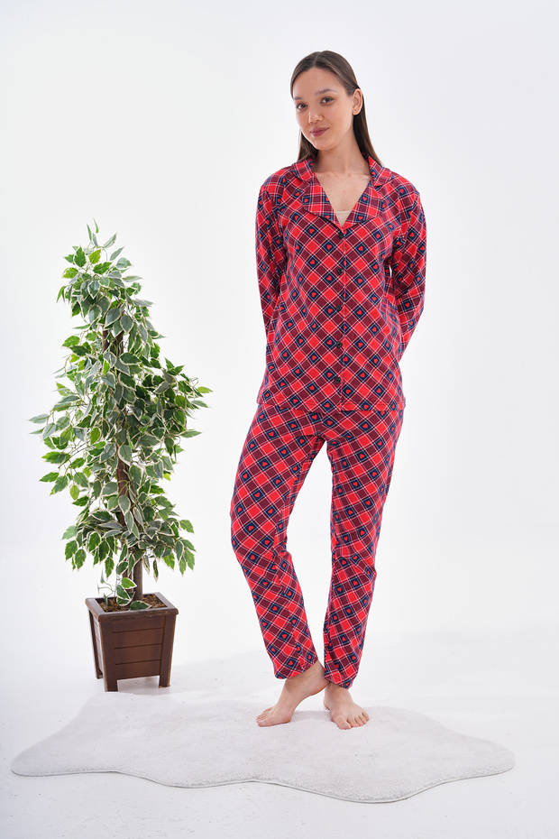 Cotton Buttoned Pajama Set Patterned - 5