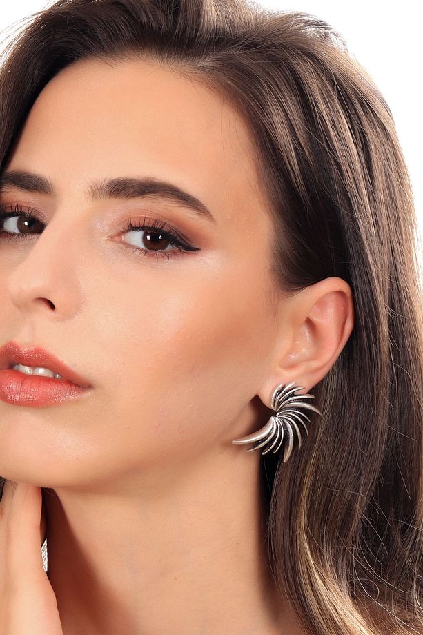 Kadın Antik Gümüş Kaplama Çivili Model Sırça Küpe - 3