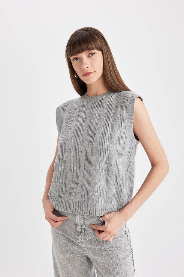 Regular Fit Bisiklet Yaka Basic Düz  Saç Örgü Desenli Triko Süveter C9041AX24WN - 4