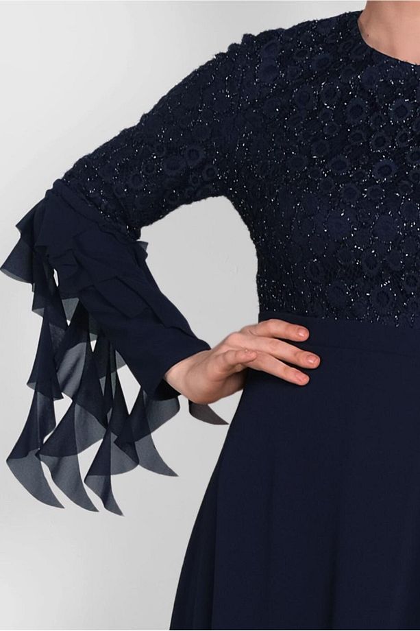 KOLARI ŞİFON DETAYLI  SİMLİ DANTEL ELBİSE 4224 - 4