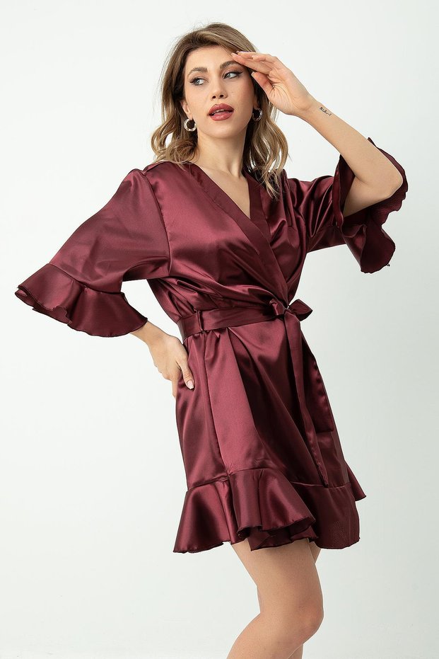 Belted Ruffled Satin Dressing Gown