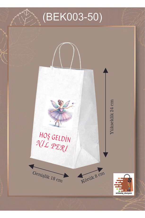 50 Adet Kişiye Özel Tek Yön Isim Baskılı Peri Figürlü Hediye Çanta / Poşeti (18*8*24) - 1