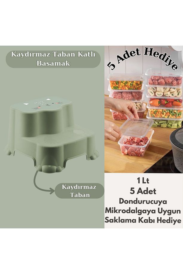 Kaydırmaz Çocuk Taburesi - Basamaklı Banyo Lavabo Merdiven Yükseltici Bebek Basamağı YEŞİL - 1