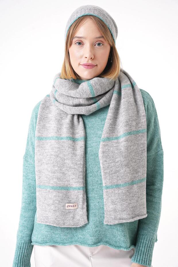Women's Striped Soft Touch Scarf Beanie Set Gray 25W5001