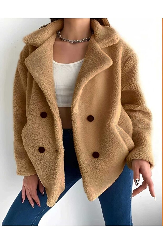 Lined Buttoned Plush Coat - 1