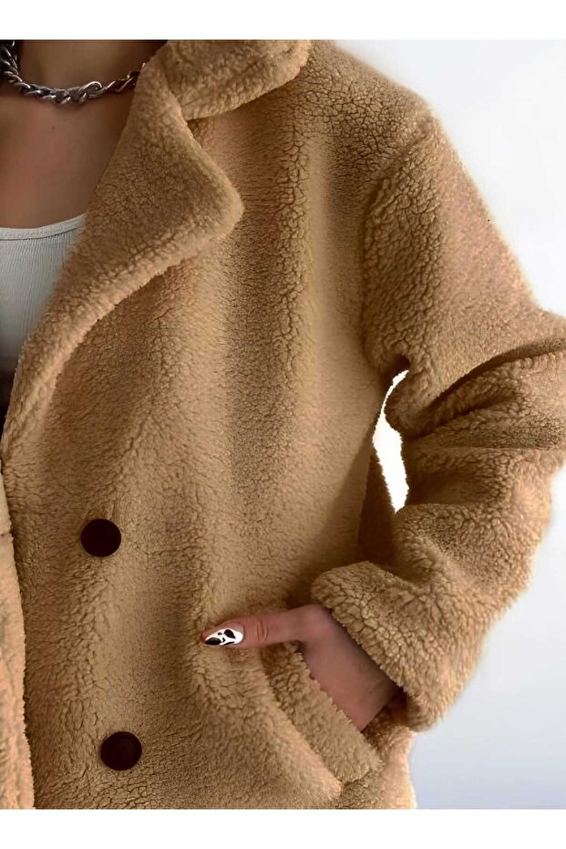 Lined Buttoned Plush Coat - 3