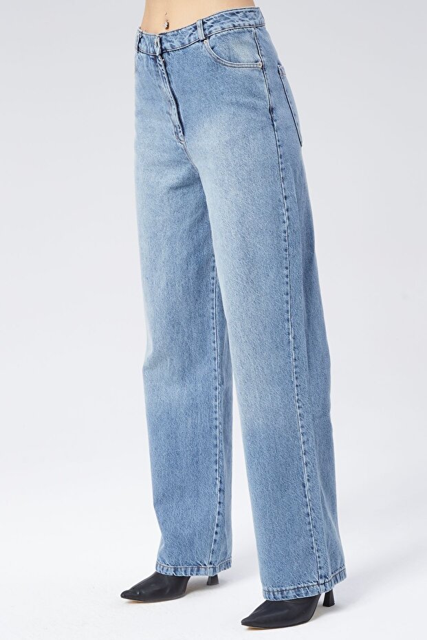 Malibu Kolej Denim Boru Paça Jean Kot Pantolon - Mavi - 5