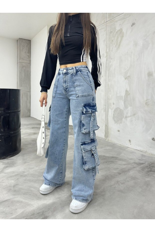 Women's Light Blue High Waist Multi-Pocket Wide Leg Cargo Pants