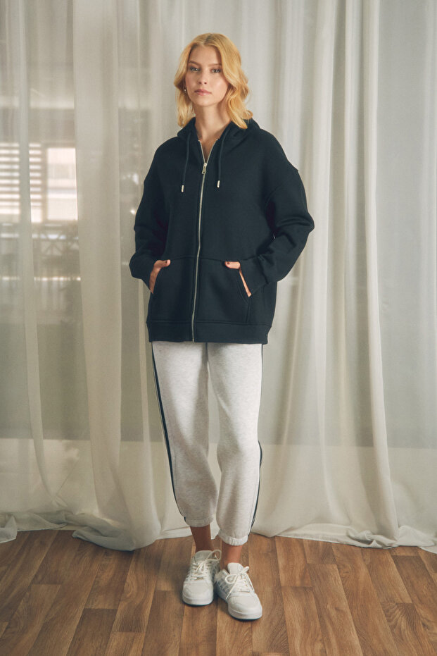Basic Fermuarlı Kapüşonlu Oversize Sweatshirt - 2