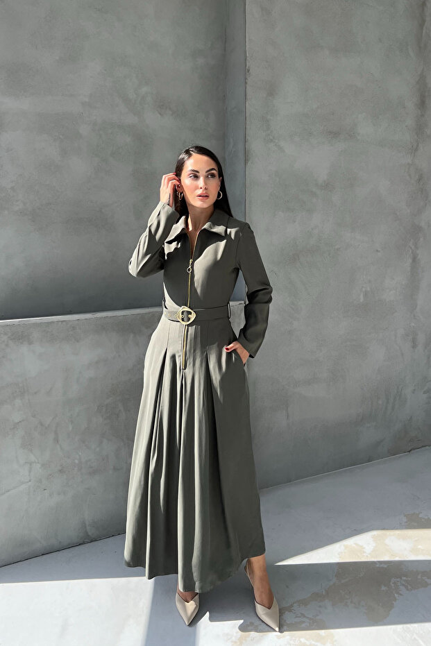 Khaki Long Dress with Zipper Detail on the Front and Belt