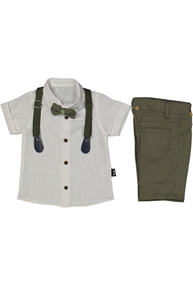 Boy's White Linen Shirt Khaki Shorts Bow Tie Suit