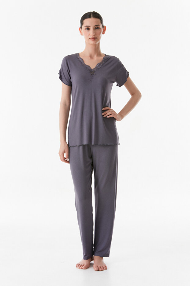 V-Neck Lace Basic Pajama Set - 1