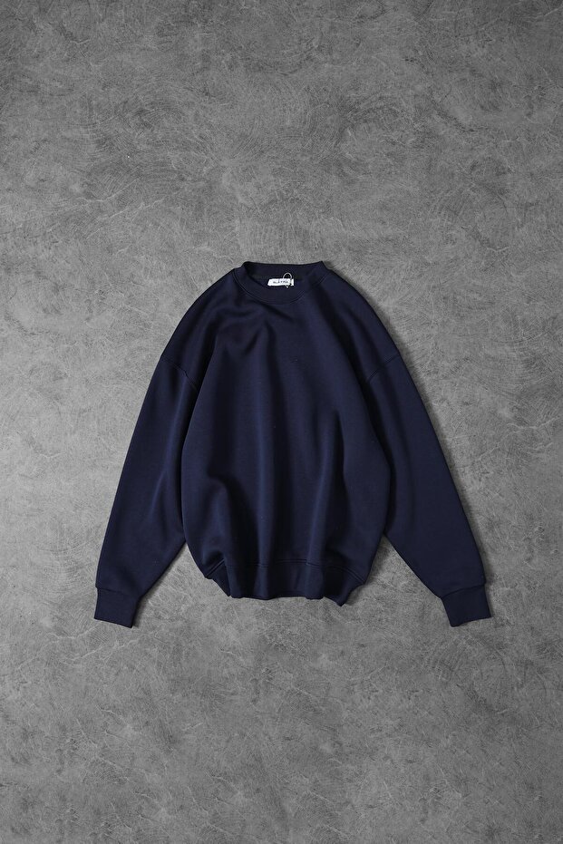 Erkek Lacivert Basic Bisiklet Yaka Oversize Sweatshirt - 1