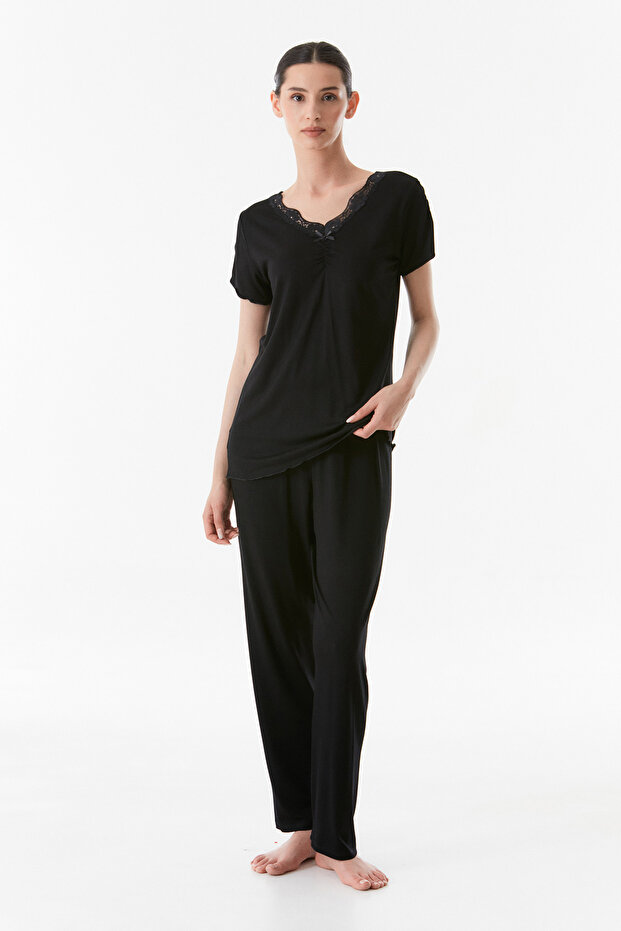 V-Neck Lace Basic Pajama Set - 6