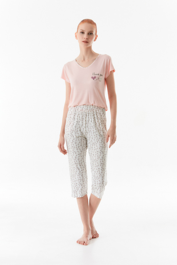 Kalp Desenli Bisiklet Yaka Pijama Takımı - 6