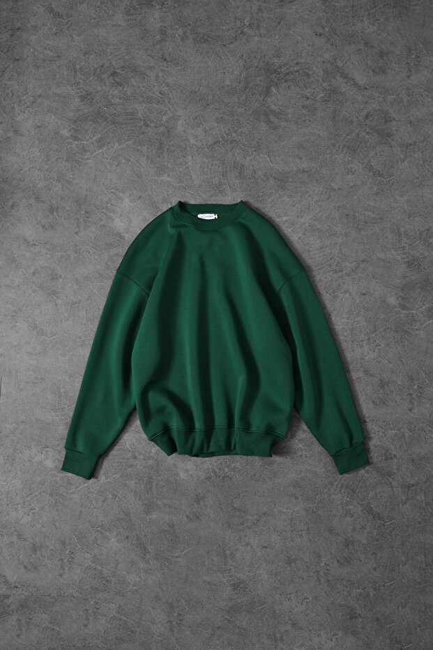Erkek Yeşil Basic Bisiklet Yaka Oversize Sweatshirt - 1